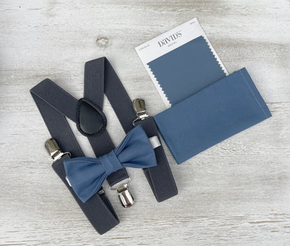 Dark Steel Bow tie & Suspenders | Charcoal Dark Gray Braces | Pocket Square | Ring Bearer Outfit | Boho Rustic Wedding | Groomsman Gift