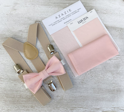 Blush Bow tie & Suspenders | Champagne Tan Braces, Petal Bow Tie, Pocket Square, Ring Bearer Outfit, Boho Wedding
