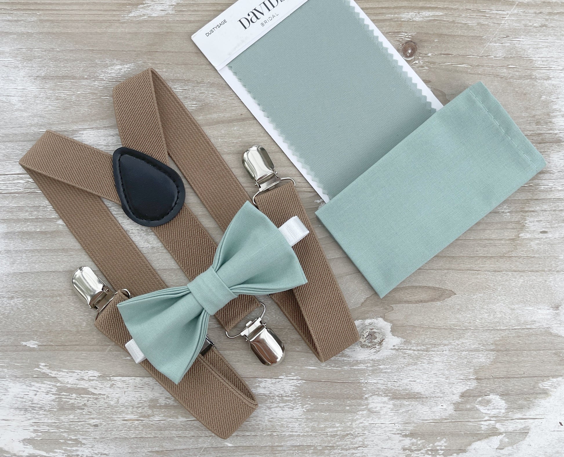 Dusty Sage Bow tie & Suspenders | Taupe Braces | Agave Bow | Pocket Square | Ring Bearer Outfit | Rustic Boho Wedding | Groomsman Gift
