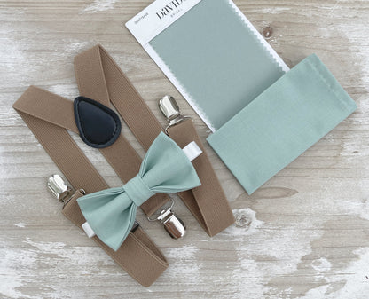 Dusty Sage Bow tie & Suspenders | Taupe Braces | Agave Bow | Pocket Square | Ring Bearer Outfit | Rustic Boho Wedding | Groomsman Gift
