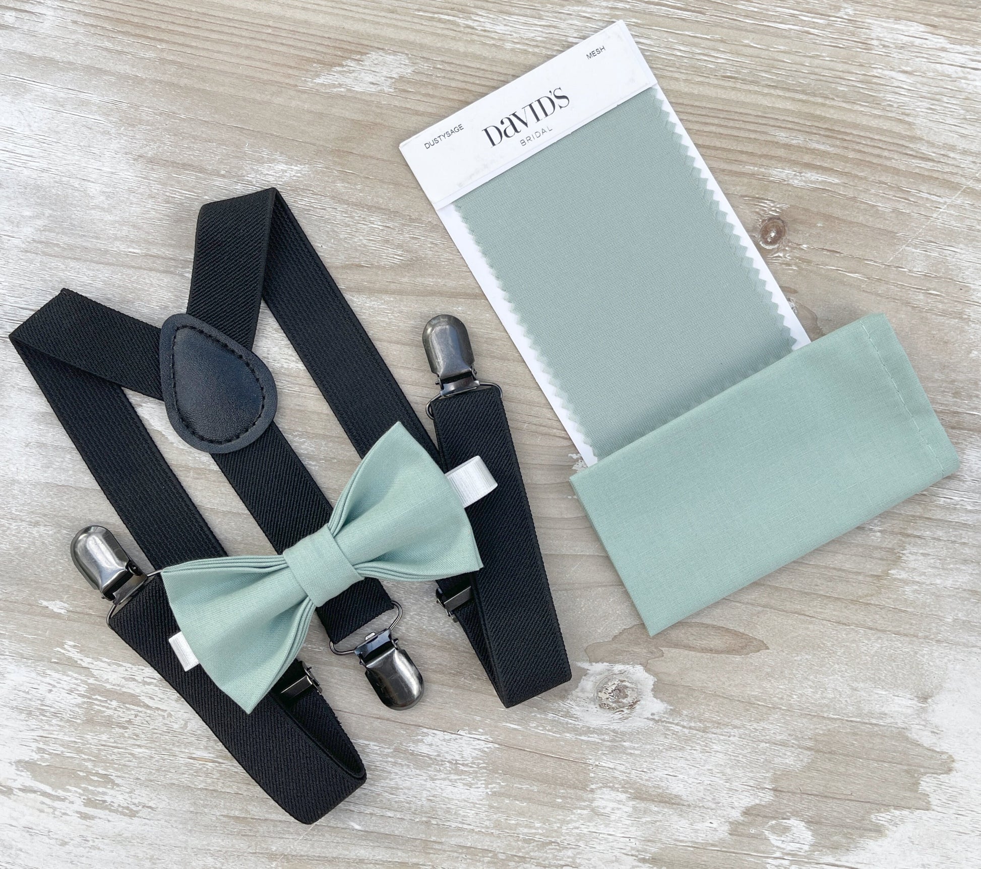 Dusty Sage Bow tie & Suspenders | Black Braces | Agave Bow | Pocket Square | Ring Bearer Outfit | Rustic Boho Wedding | Groomsman Gift