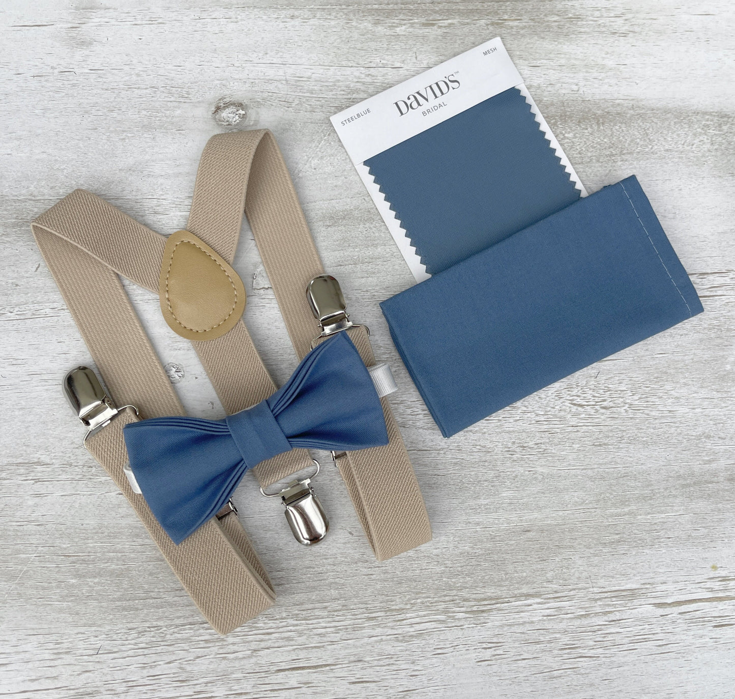 Dark Steel Bow tie & Suspenders | Champagne Tan Braces | Twilight Blue Bow | Pocket Square | Ring Bearer Outfit | Boho Rustic Wedding