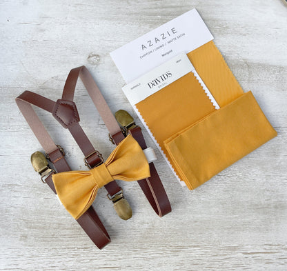Marigold Bow tie & Suspenders | Skinny Leather Light Braces | Pocket Square | Ring Bearer Outfit | Boho Rustic Wedding