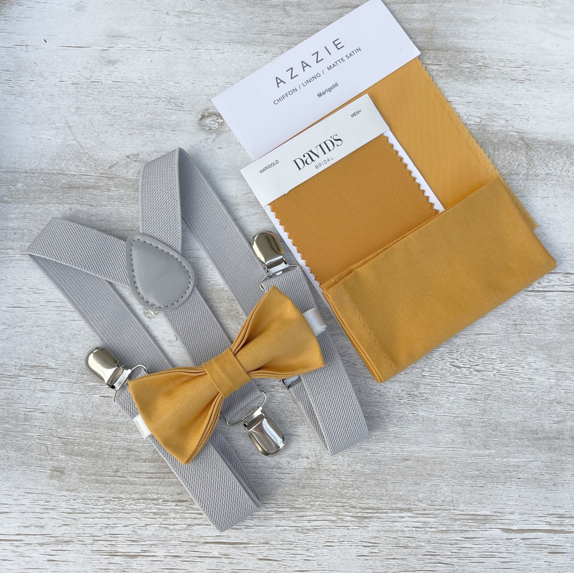 Marigold Bow tie & Suspenders | Light Gray Braces | Pocket Square | Ring Bearer Outfit | Boho Rustic Wedding