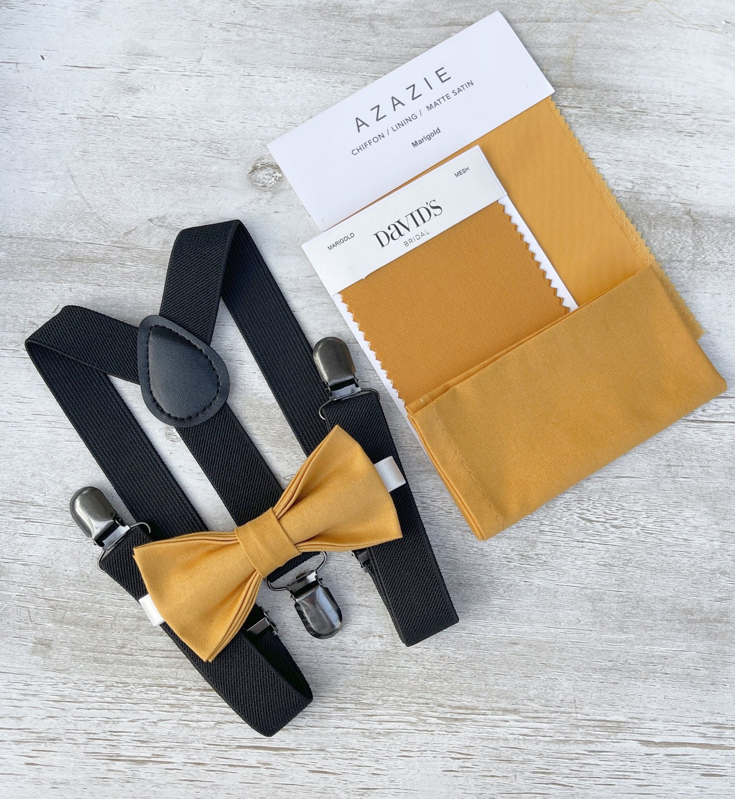 Marigold Bow tie & Suspenders | Black Braces | Pocket Square | Ring Bearer Outfit | Boho Rustic Wedding