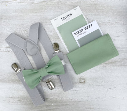 Matcha Bow tie & Suspenders | Light Gray Braces | Sage Meadow Green Bow | Pocket Square | Ring Bearer Outfit | Boho Rustic Wedding