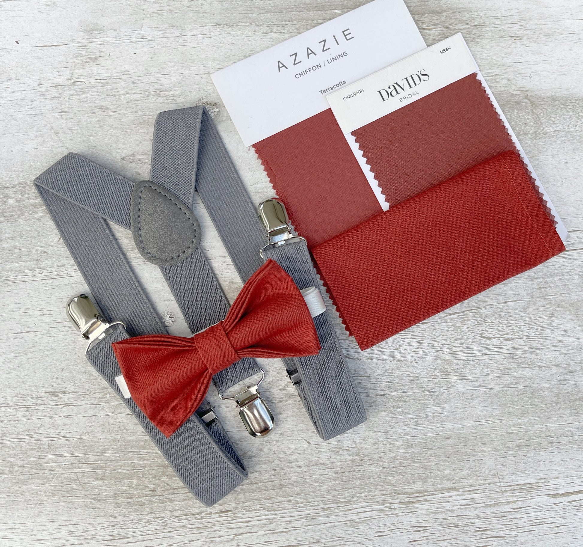 Terracotta Bow tie & Suspenders | Gray Braces | Cinnamon Bowtie | Pocket Square | Ring Bearer Outfit | Boho Rustic Wedding