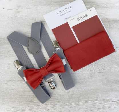 Terracotta Bow tie & Suspenders | Gray Braces | Cinnamon Bowtie | Pocket Square | Ring Bearer Outfit | Boho Rustic Wedding