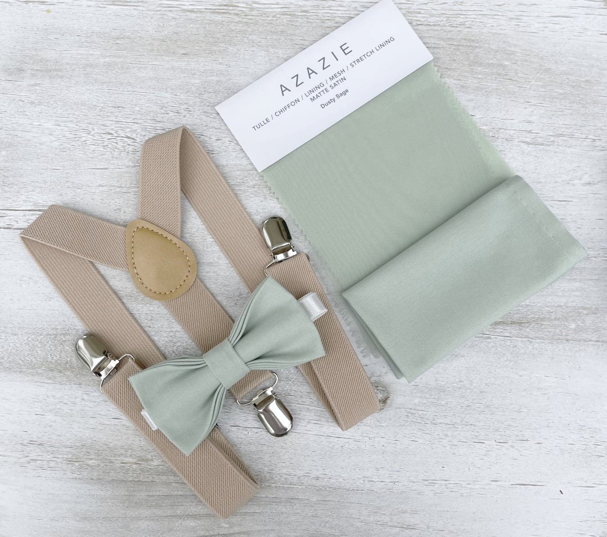 Dusty Sage Bow tie & Suspenders | Champagne Tan Braces | Pocket Square | Ring Bearer Outfit | Boho Wedding Set
