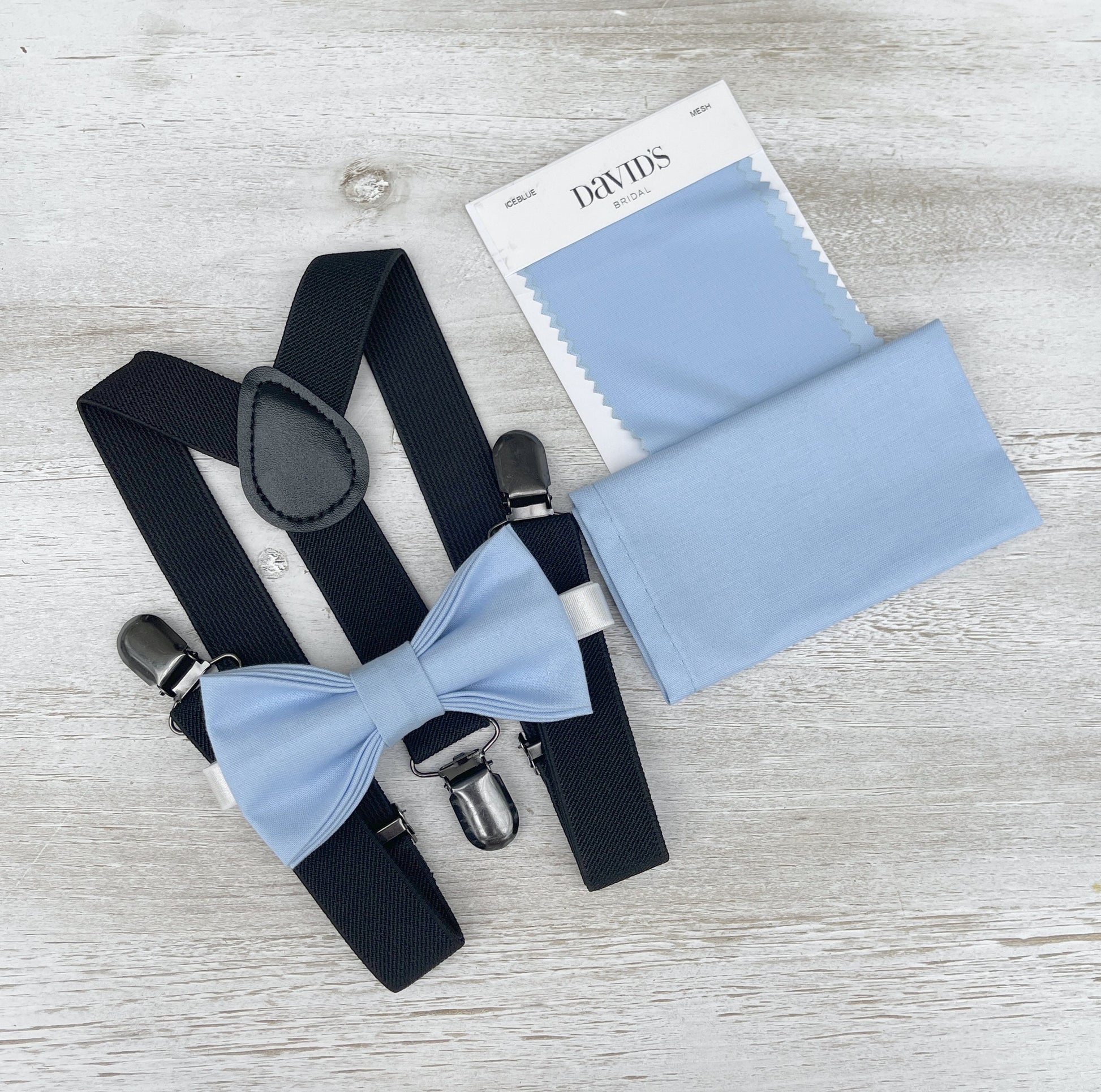 Ice Blue Bow tie & Suspenders | Black Braces | Pocket Square | Ring Bearer Outfit | Boho Rustic Wedding Set