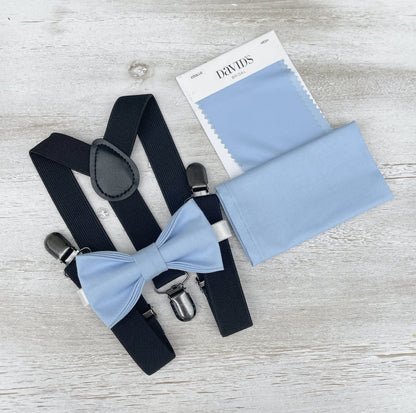 Ice Blue Bow tie & Suspenders | Black Braces | Pocket Square | Ring Bearer Outfit | Boho Rustic Wedding Set