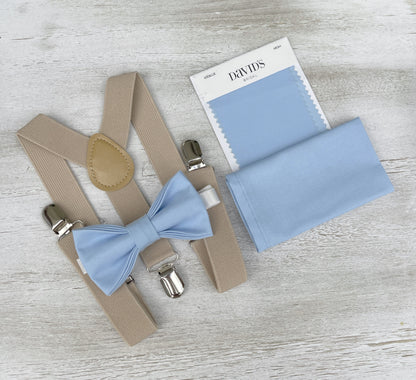 Ice Blue Bow tie & Suspenders | Champagne Tan Braces | Pocket Square | Ring Bearer Outfit | Boho Rustic Wedding Set