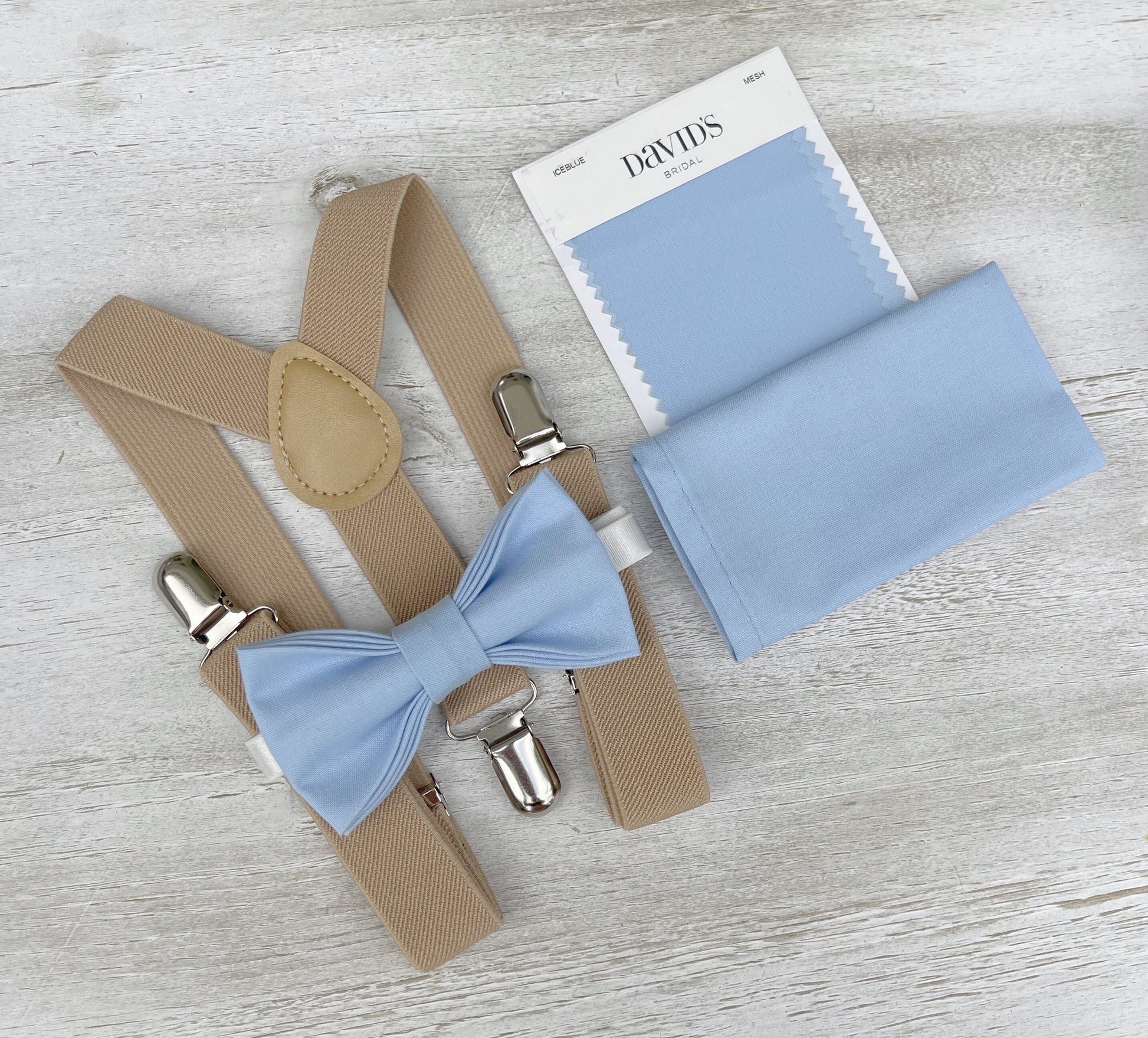 Ice Blue Bow tie & Suspenders | Nude Beige Braces | Pocket Square | Ring Bearer Outfit | Boho Rustic Wedding Set