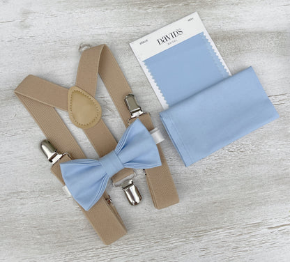 Ice Blue Bow tie & Suspenders | Nude Beige Braces | Pocket Square | Ring Bearer Outfit | Boho Rustic Wedding Set