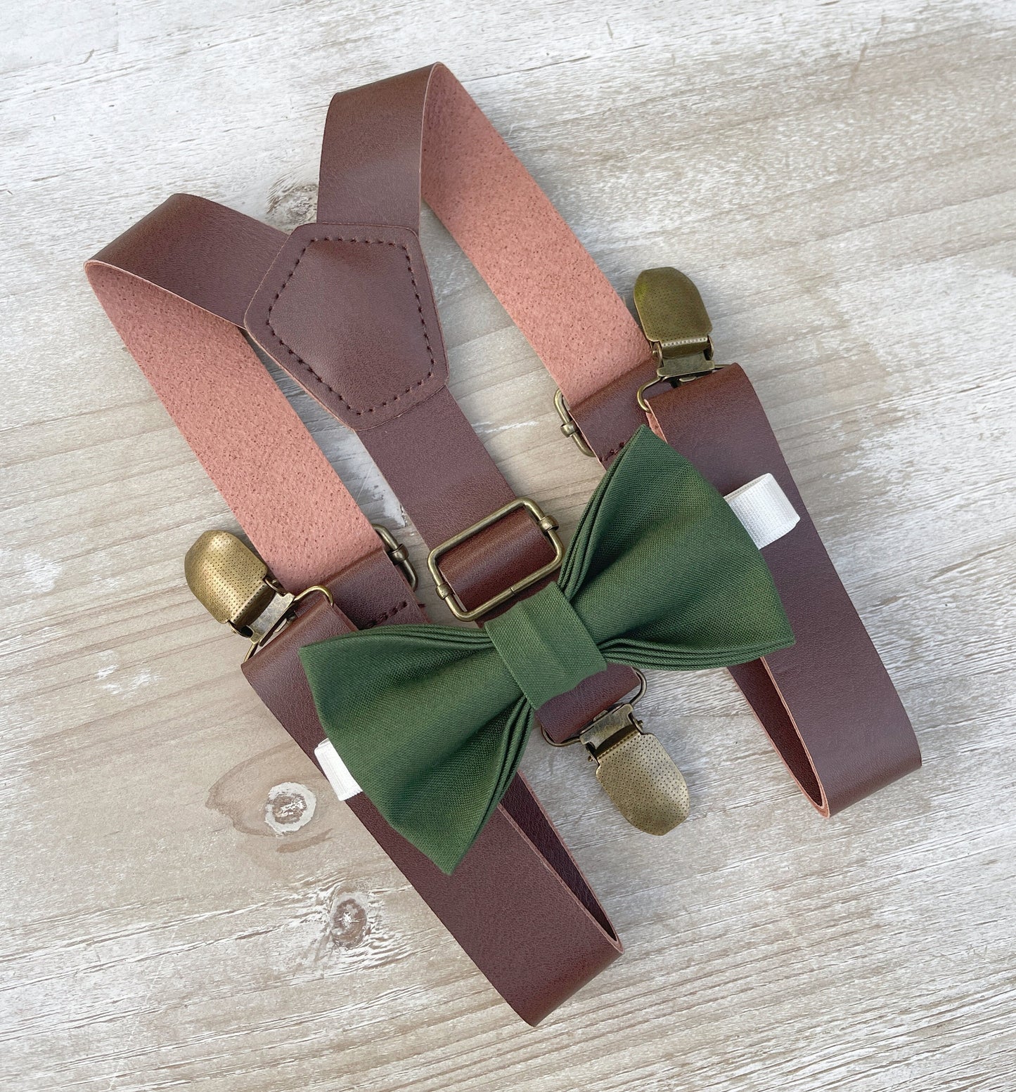 Dark Green Bow Tie and Leather Suspenders Set for Men | Boys Ring Bearer Gift | Groomsmen Gift | Wedding Groom Outfit
