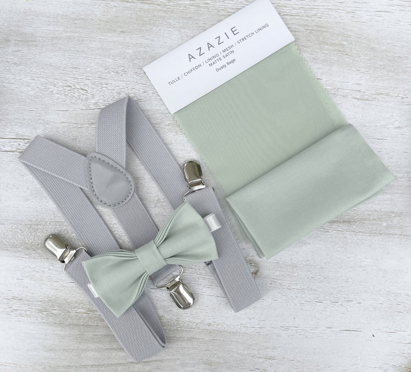 Dusty Sage Bow tie & Suspenders, Light Gray Braces, Pocket Square, Ring Bearer Outfit, Boho Wedding Set