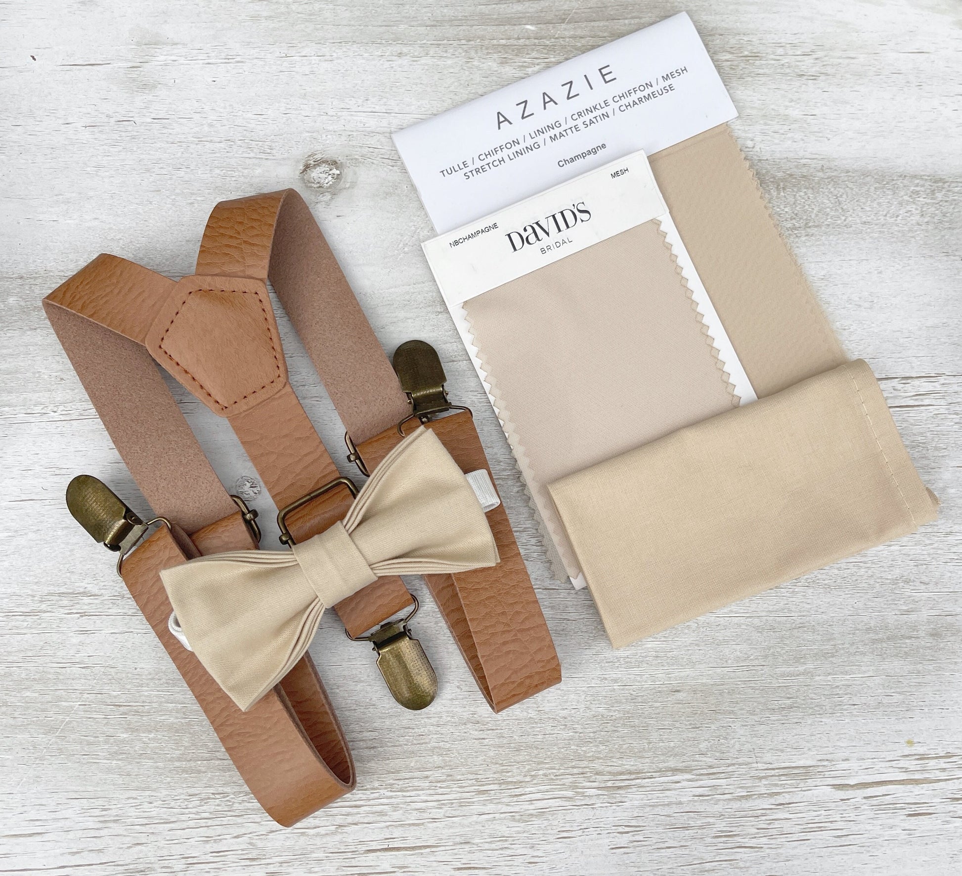 Champagne Tan Bow tie & Suspenders | Vegan Leather Light Brown Braces | Pocket Square | Ring Bearer Outfit | Boho Rustic Wedding