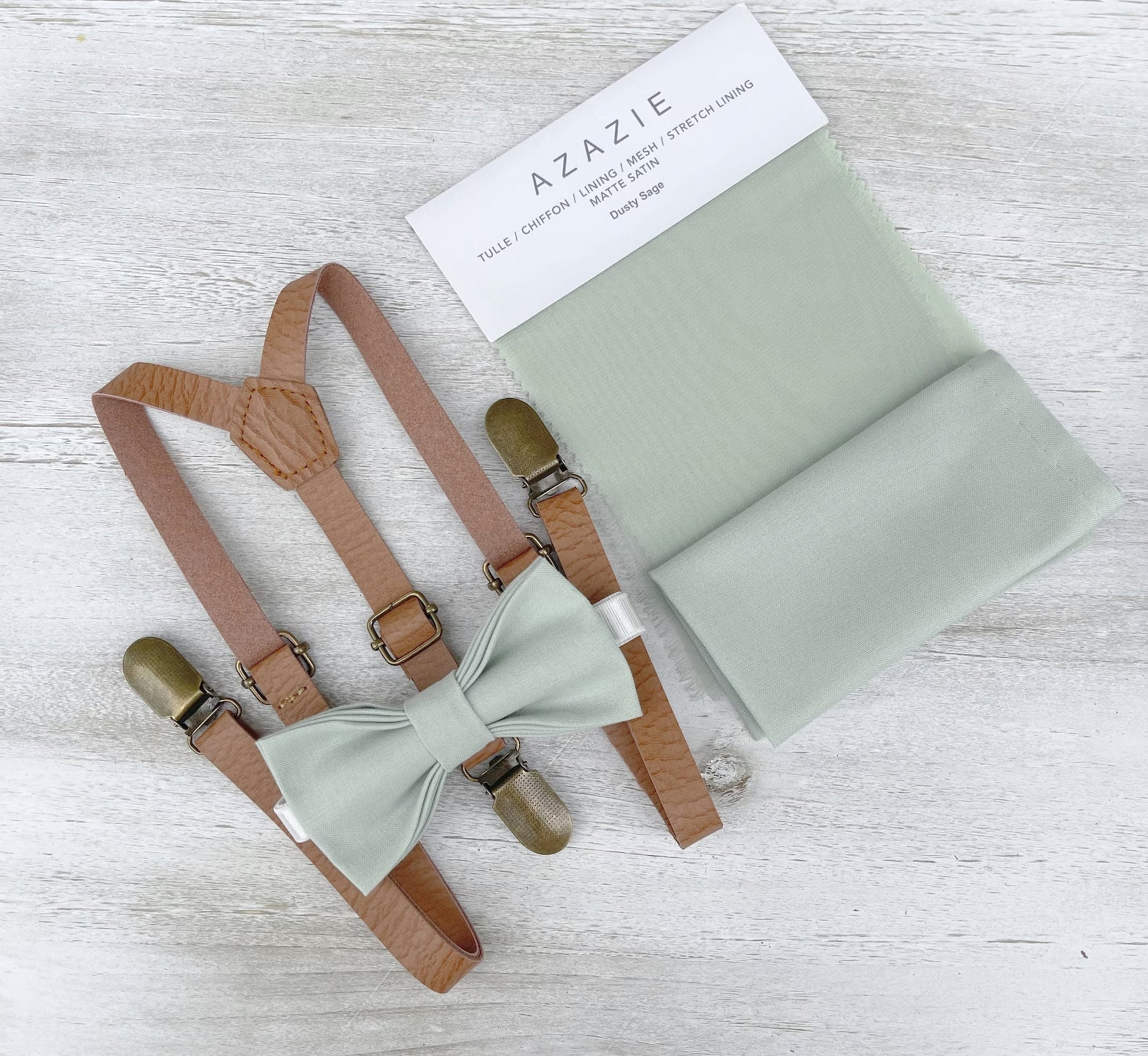 Dusty Sage Bow tie & Suspenders, Skinny Vegan Leather Suspenders, Pocket Square, Ring Bearer Outfit, Boho Wedding Set