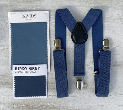 Steel Blue Bow Tie & Suspenders – Ring Bearer Outfit, All Sizes Baby to Adult, Groomsman Gift, Pocket Square, Boho Wedding Set, Twilight Bow