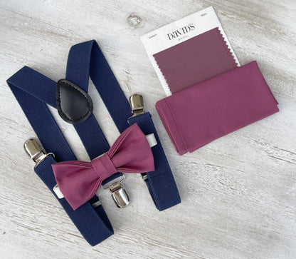 Chianti Bow tie & Suspenders | Navy Blue Braces | Mulberry Bow | Pocket Square | Ring Bearer Outfit | Boho Rustic Wedding