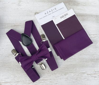 Plum Bow tie & Suspenders, Grape Purple Bowtie, Pocket Square, Ring Bearer Outfit, Boho Rustic Wedding Set