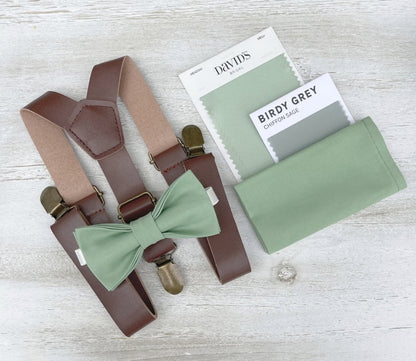 Matcha Bow tie & Suspenders | Leather Braces | Sage Meadow Green Bow | Pocket Square | Ring Bearer Outfit | Boho Rustic Wedding