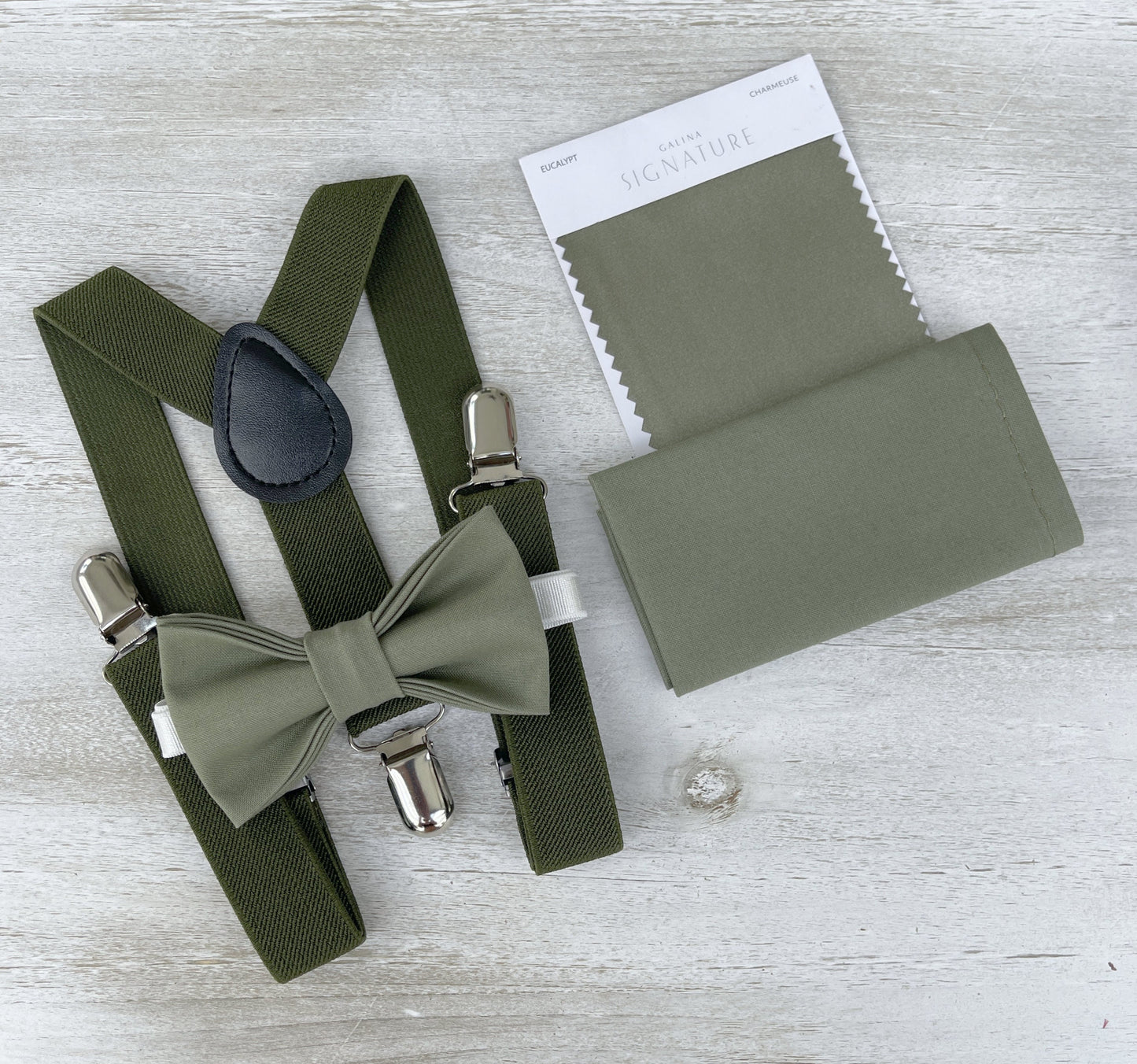 Moss Bow Tie & Suspenders – All Sizes for Men and Boys, Pocket Square, Olive Green Suspenders, Ring Bearer Gift, Rustic Wedding Set