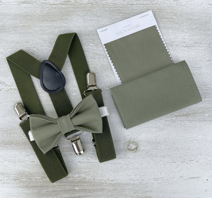 Moss Bow Tie & Suspenders – All Sizes for Men and Boys, Pocket Square, Olive Green Suspenders, Ring Bearer Gift, Rustic Wedding Set