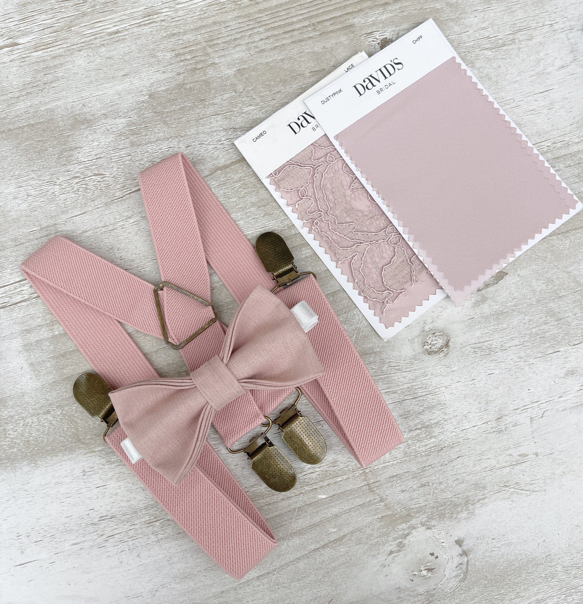Vintage Rose Bow tie & Suspenders | Dusty Pink X - Back Braces | Linen Cameo BowTie | Ring Bearer Outfit | Boho Rustic Wedding