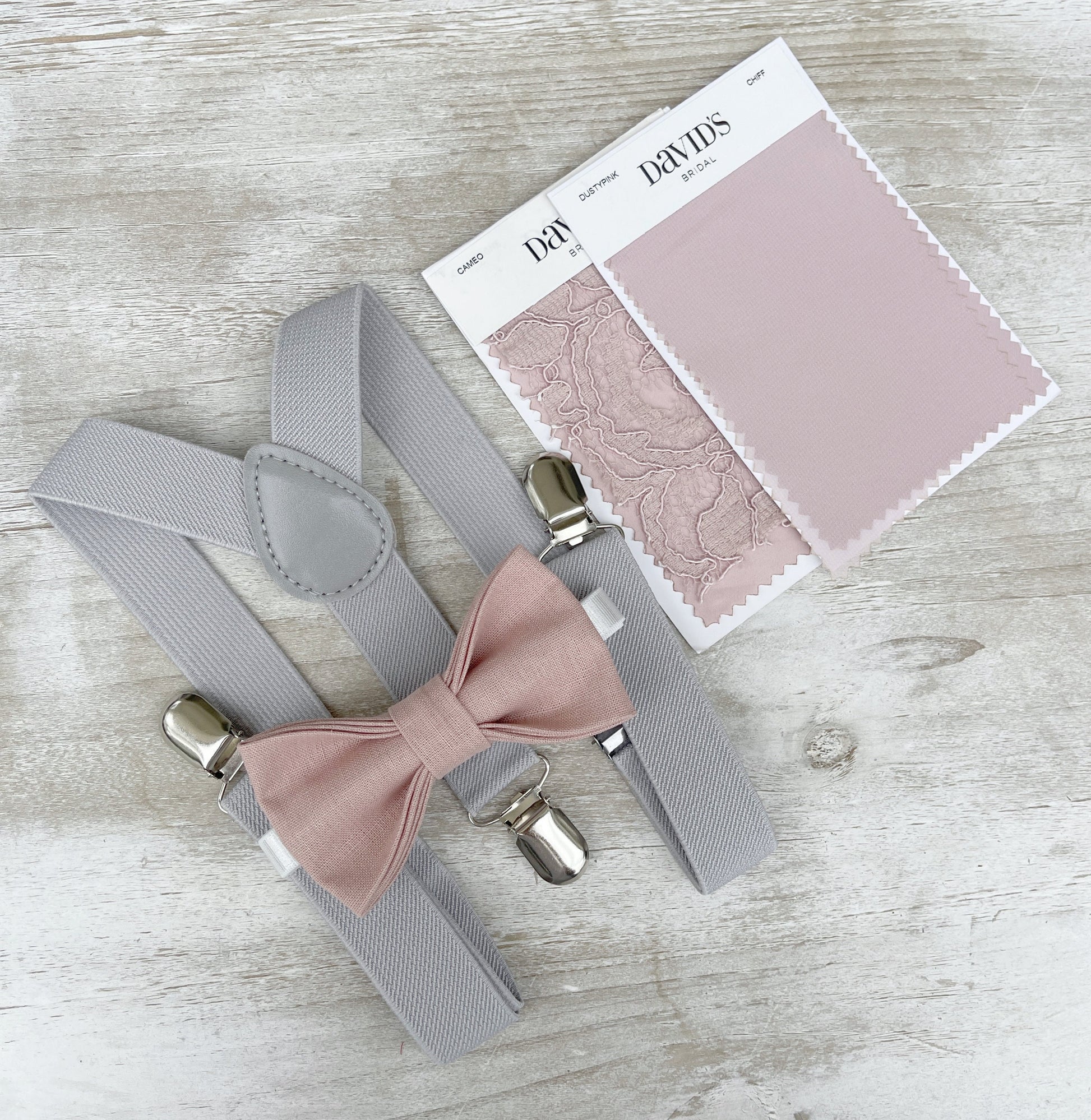 Vintage Rose Bow tie & Suspenders, Light Gray Braces, Linen Cameo BowTie, Ring Bearer Outfit, Boho Rustic Wedding