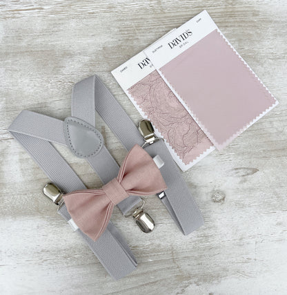 Vintage Rose Bow tie & Suspenders, Light Gray Braces, Linen Cameo BowTie, Ring Bearer Outfit, Boho Rustic Wedding