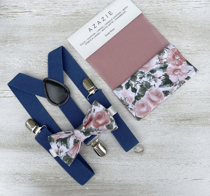 Floral Bow tie & Suspenders, Steel Blue Braces, Dusty Rose Bow Tie, Pocket Square, Ring Bearer Outfit, Boho Wedding, Groomsman Gift