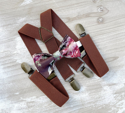 Floral Bow Tie and Brown Suspenders Set for Men | Boys | Ring Bearer | Wedding Party Outfit - Vintage Style