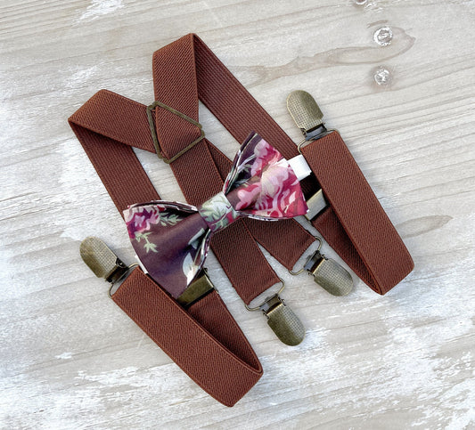 Floral Bow Tie and Brown Suspenders Set for Men | Boys | Ring Bearer | Wedding Party Outfit - Vintage Style