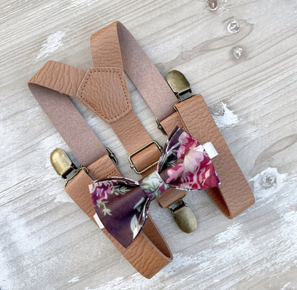Floral Brown Bow Tie and Light Brown Suspenders Set for Men | Boys Ring Bearer | Groomsmen Gift | Wedding Outfit