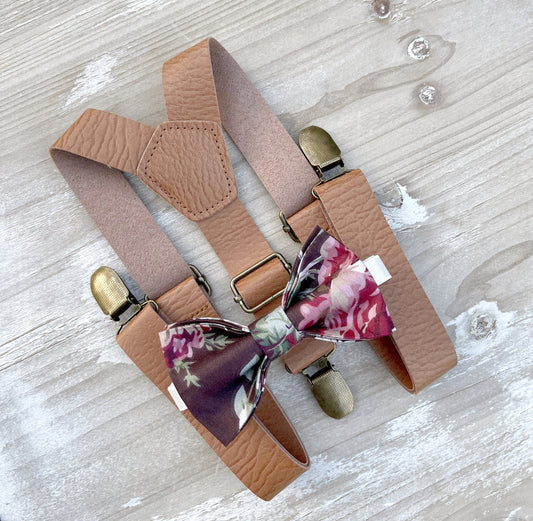 Floral Brown Bow Tie and Light Brown Suspenders Set for Men | Boys Ring Bearer | Groomsmen Gift | Wedding Outfit