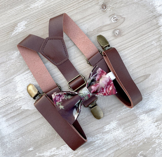 Rustic Leather Suspenders and Vintage Floral Bow Tie Set - Perfect for Wedding Attire