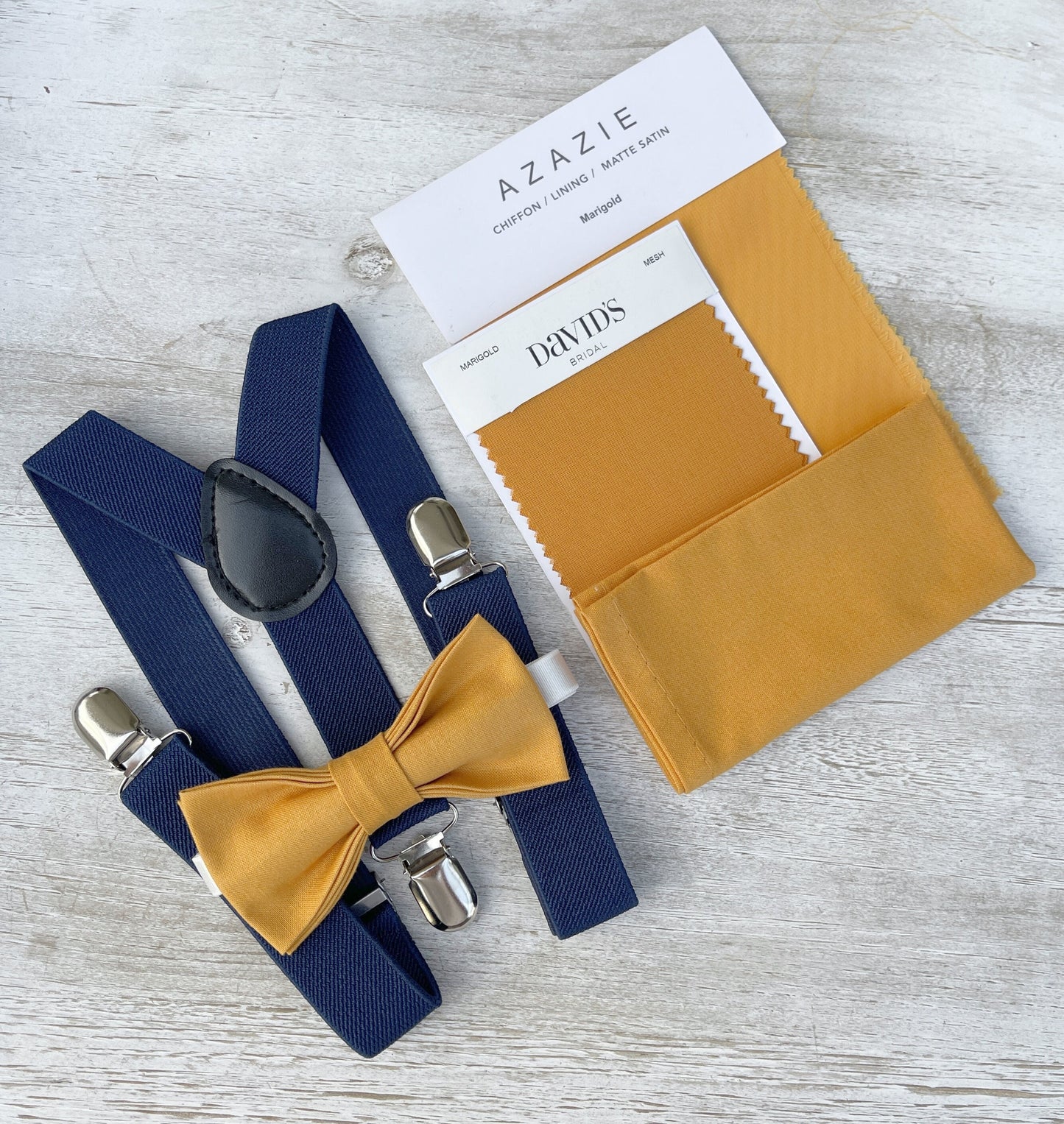 Marigold Bow tie & Suspenders | Navy Blue Braces | Pocket Square | Ring Bearer Outfit | Boho Rustic Wedding