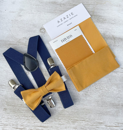 Marigold Bow tie & Suspenders | Navy Blue Braces | Pocket Square | Ring Bearer Outfit | Boho Rustic Wedding