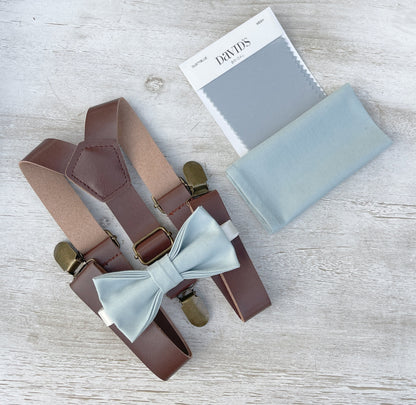Mist Bow tie & Suspenders | Leather Braces | Sky Blue Bow | Dusty Blue Bowtie | Pocket Square | Ring Bearer Outfit | Boho Rustic Wedding Set