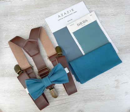 Teal Blue Bow tie & Suspenders | Leather Braces | Pocket Square | Ring Bearer Outfit | Boho Rustic Wedding