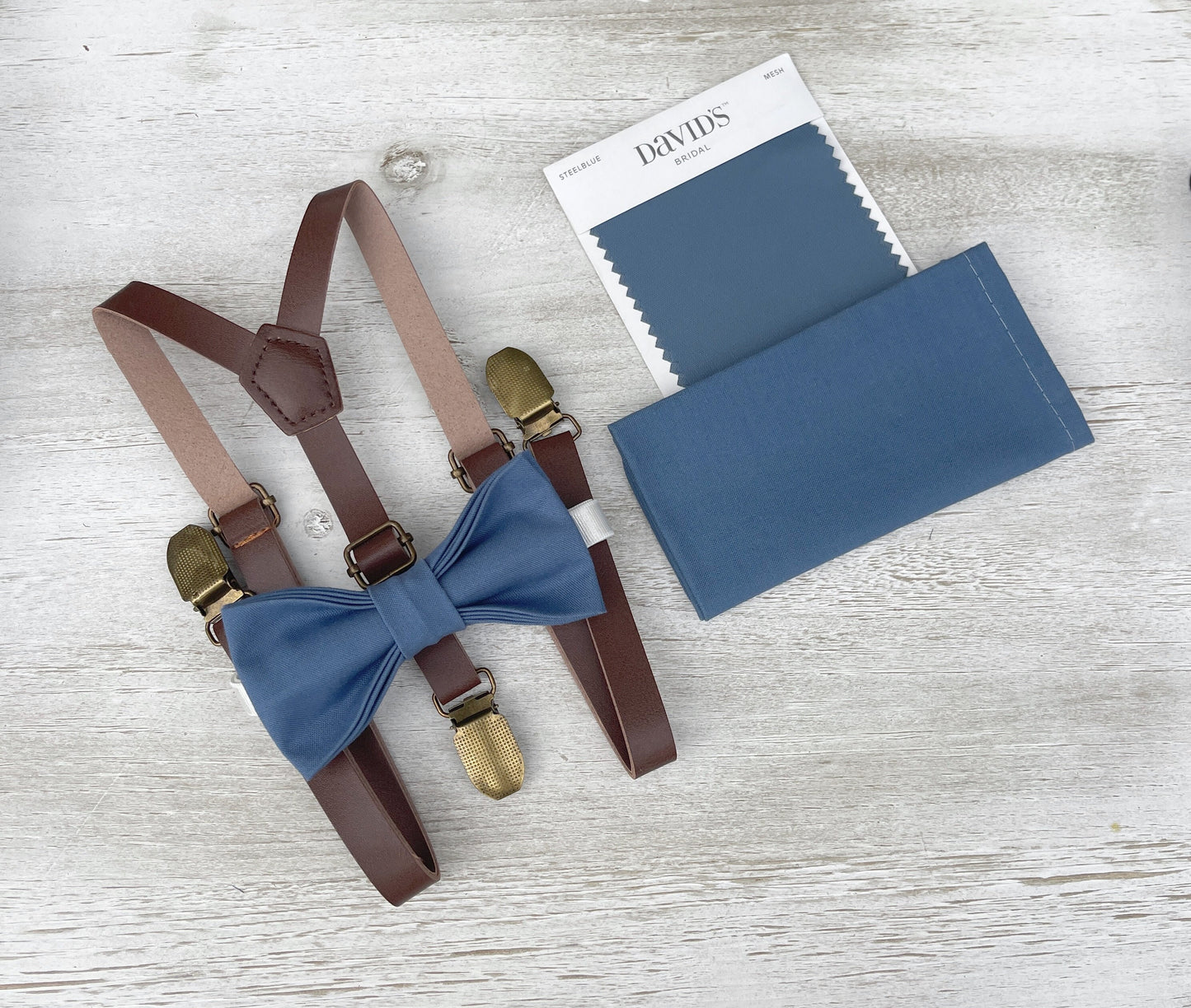 Dark Steel Bow tie & Suspenders | Skinny Leather Braces | Twilight Blue Bow | Pocket Square | Ring Bearer Outfit | Boho Rustic Wedding