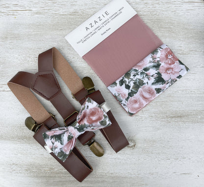 Floral Bow tie & Vegan Leather Suspenders, Dusty Rose Bow Tie, Pocket Square, Ring Bearer Outfit, Boho Wedding, Groomsman Gift