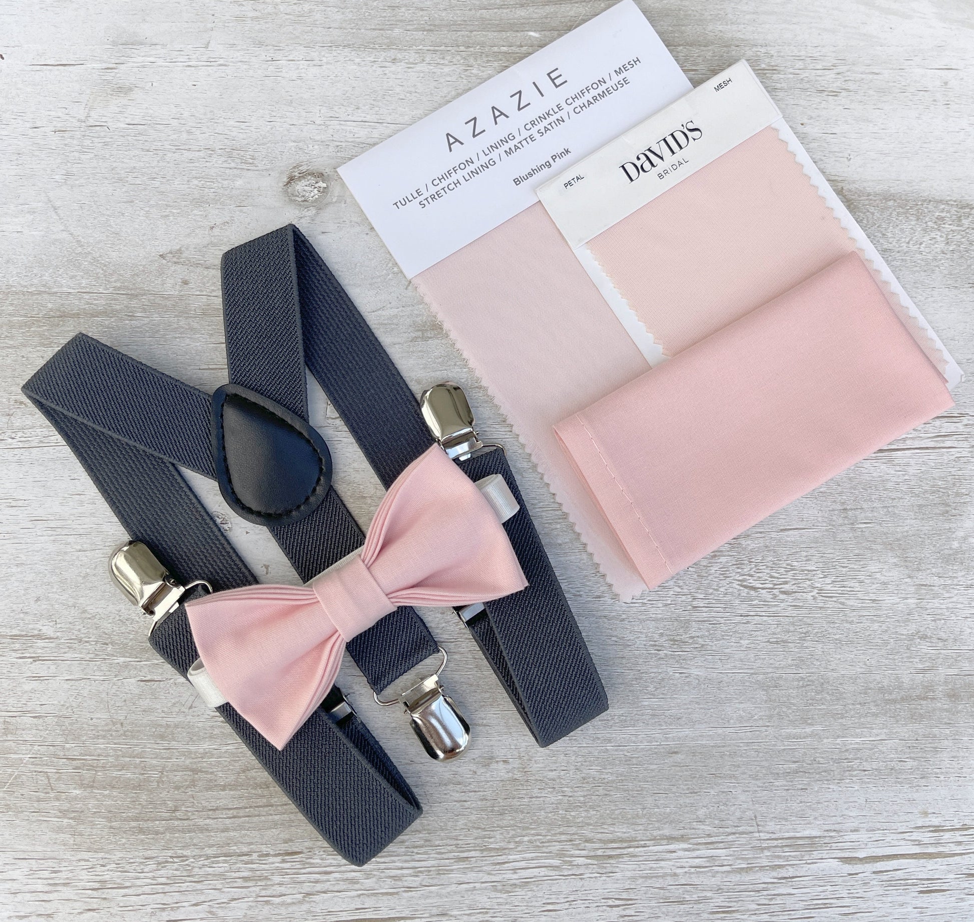 Blush Bow tie & Suspenders,Charcoal Dark Gray Braces, Petal Bow Tie, Pocket Square, Ring Bearer Outfit, Boho Wedding