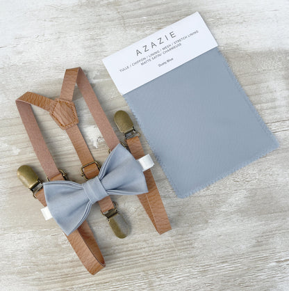 Dusty Blue Bow Tie & Suspenders – All Sizes for Boys and Men, Skinny Leather Braces, Pocket Square, Ring Bearer, Boho Rustic Wedding