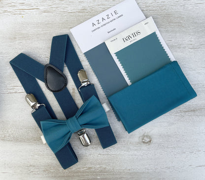 Teal Blue Bow tie & Suspenders | Ink Braces | Pocket Square | Ring Bearer Outfit | Boho Rustic Wedding