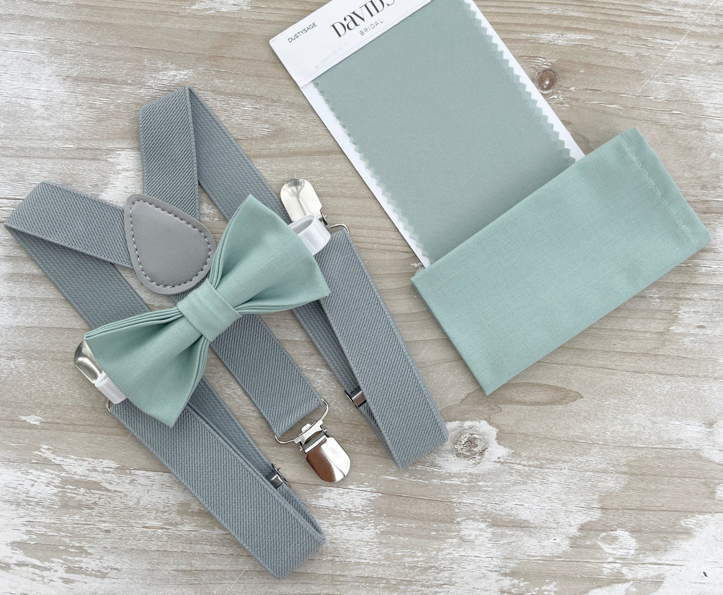 Dusty Sage Bow tie & Suspenders | Dusty Gray Braces | Agave Bow | Pocket Square | Ring Bearer Outfit | Rustic Boho Wedding | Groomsman Gift