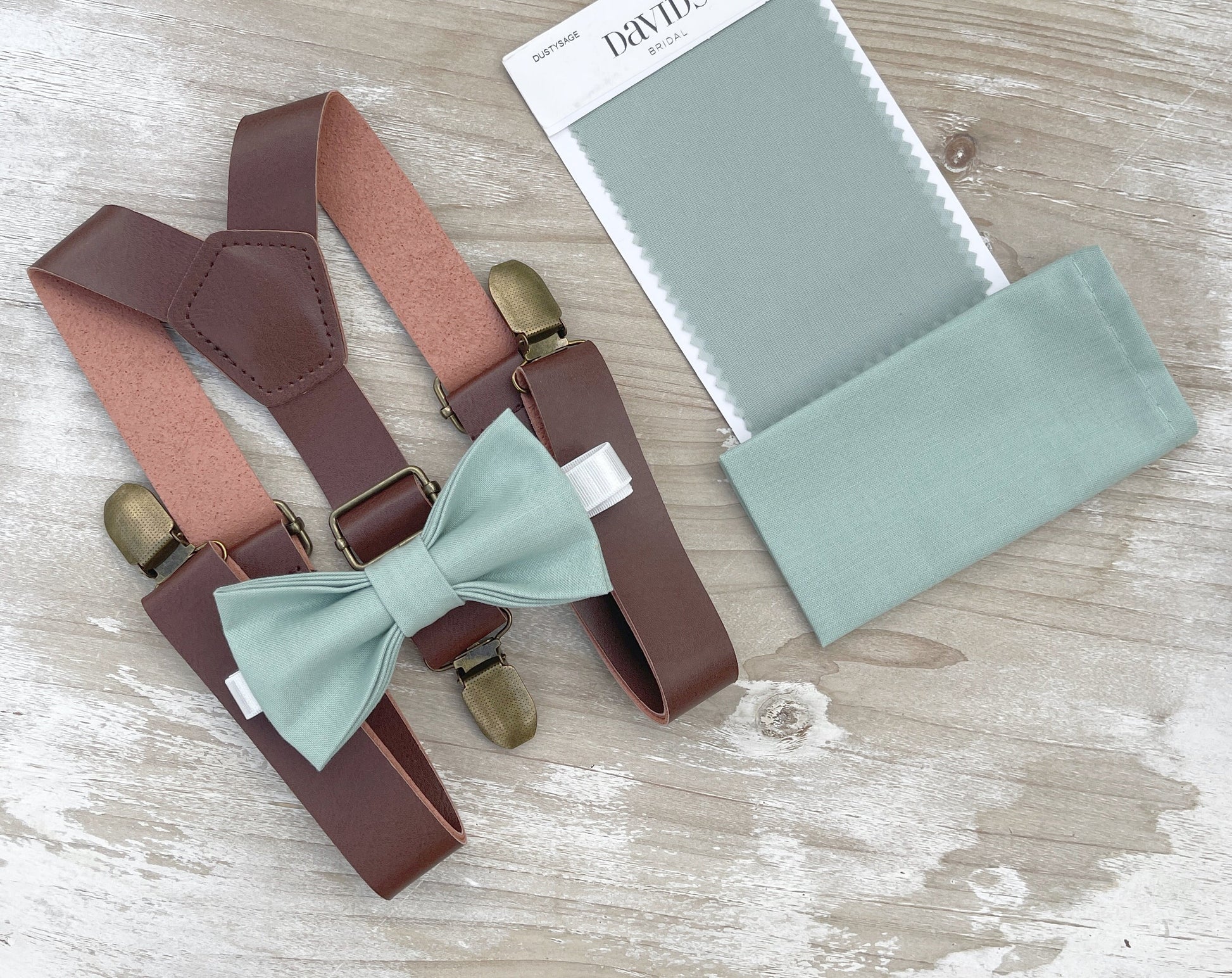 Dusty Sage Bow tie & Suspenders | Vegan Leather Braces | Agave Bow | Pocket Square | Ring Bearer Outfit | Rustic Wedding | Groomsman Gift