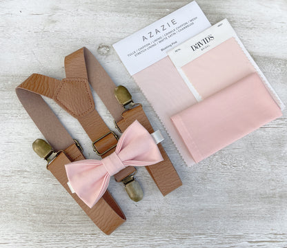 Blush Bow tie & Vegan Leather Suspenders, Petal Bow Tie, Pocket Square, Ring Bearer Outfit, Boho Wedding