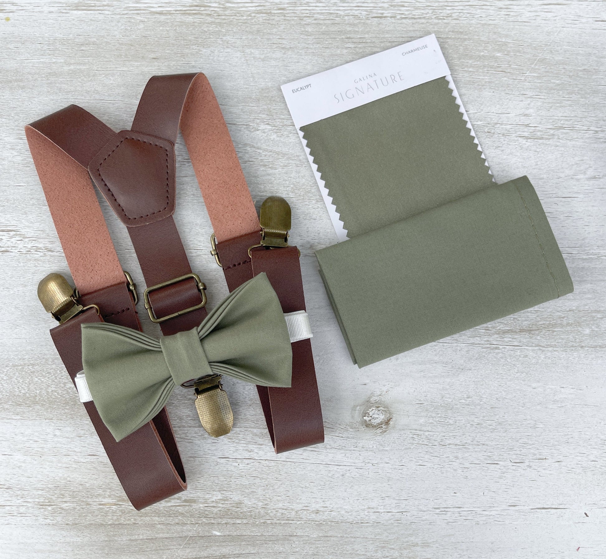 Moss Bow Tie and Suspenders – All Sizes for Men and Boys, Leather Suspenders, Pocket Square, Ring Bearer Outfit, Boho Rustic Wedding